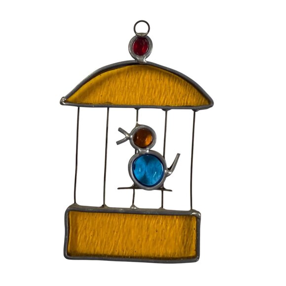 Stained Glass Bird in Cage Suncatcher Vtg Country Cottage Window Decor 6" x 4" - Picture 2 of 7